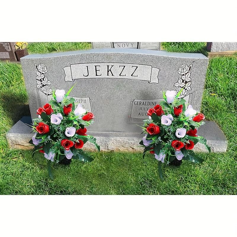 1pc Artificial Cemetery Flowers, Rose Flowers, Outdoor Grave Decorations Roses, Lasting & Non-Bleed Colors, Red & White, Without Cemetery Vase3