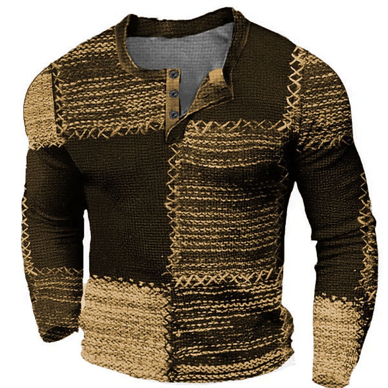 Men's Graphic Color Block Henley Shirt Waffle T Shirt Long Sleeve 3D Print Fashion Designer Casual Sports Outdoor Holiday Festival Spring &  Fall Blue Brown Green Gray Henley Henley T-Shirt3
