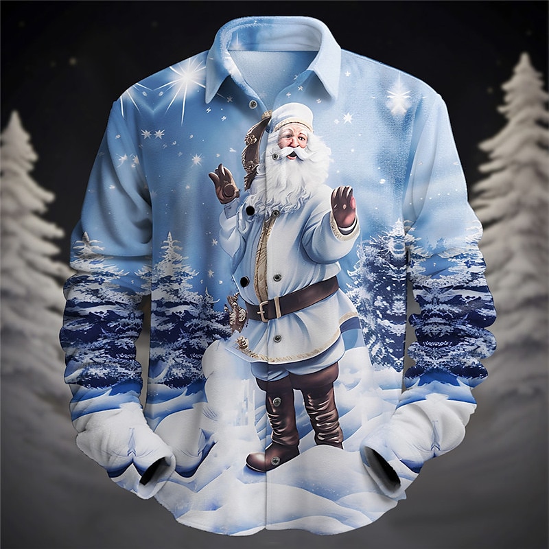 Christmas Men's Santa Claus Printed Shirts Santa Claus Casual Fleece Long Sleeve Daily Wear Vacation Going out Fall & Winter Turndown Print Button-Down Fleece Blue Khaki Fleece3
