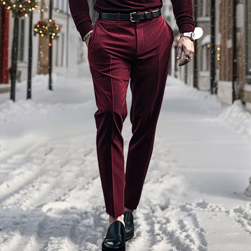 Men's Dress Pants Corduroy Pants Trousers Suit Pants Pocket Plain Comfort Breathable Outdoor Daily Going out Fashion Casual Black Red2
