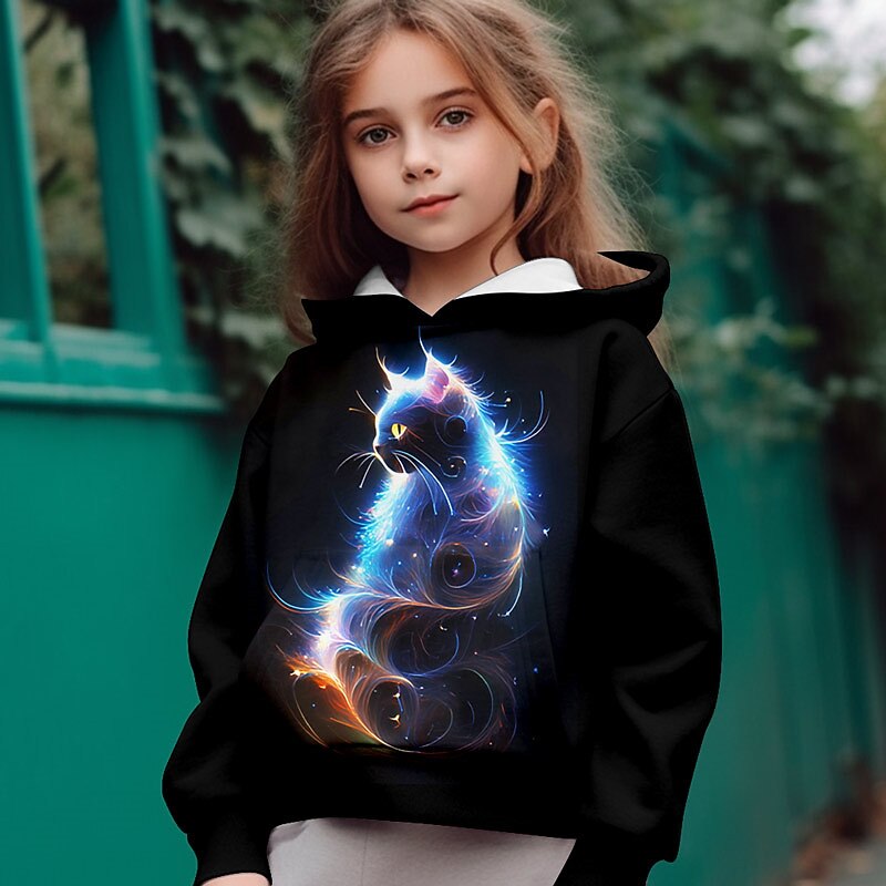 Girls' 3D Cat Hoodie Pullover Long Sleeve 3D Print Fall Winter Active Fashion Cute Kids 3-12 Years Hooded Outdoor Casual Daily Regular Fit