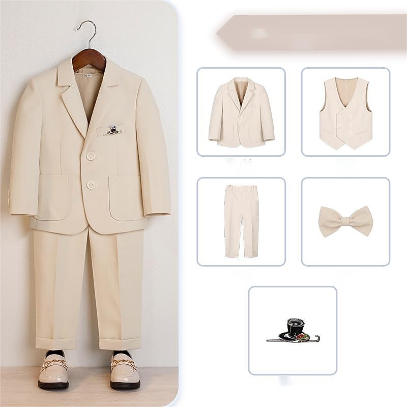 6 Pieces Kids Boys Suit & Blazer Outfit Solid Color Long Sleeve Button Set Formal Cool Fall Winter 7-13 Years Gray 5-piece set (jacket + vest + trousers + bow tie + Blue 6-piece set (shirt + jacket4