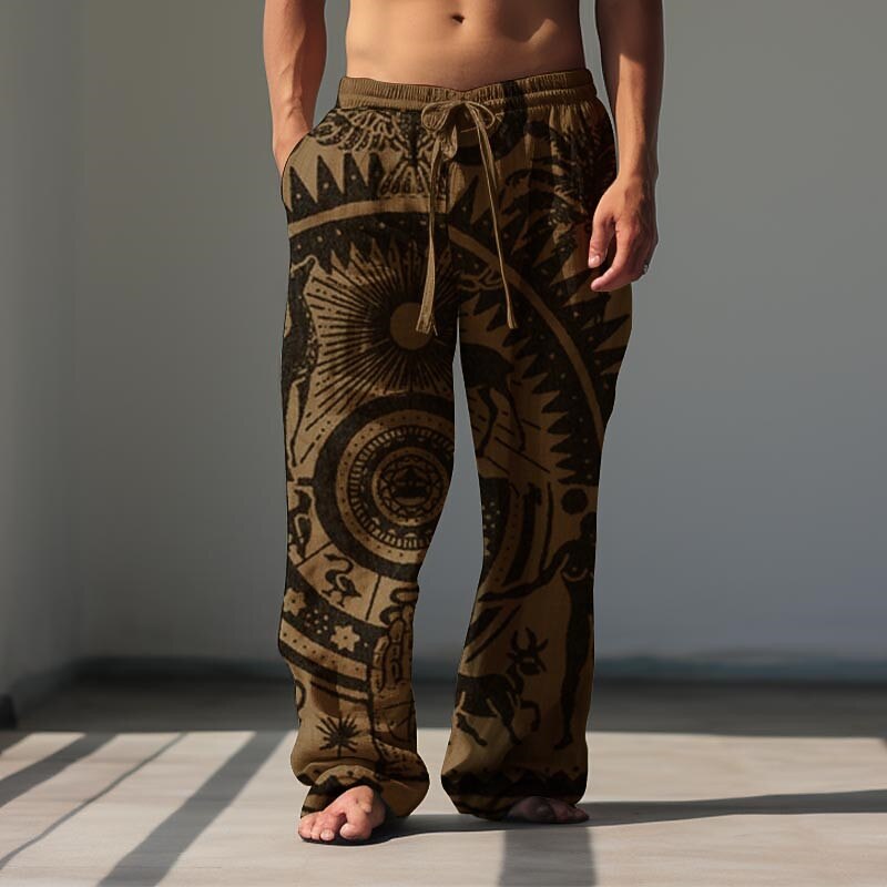 Ethnic Vintage Men's 3D Print Pants Trousers Outdoor Street Going out Polyester Brown Green Khaki S M L Mid Waist Elasticity Pants2