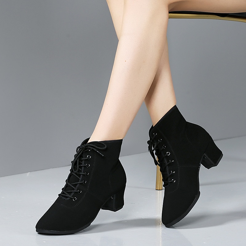 Women's Modern Shoes Practice Trainning Dance Shoes Performance Training Heel Cuban Heel Round Toe Lace-up Adults' Black Red