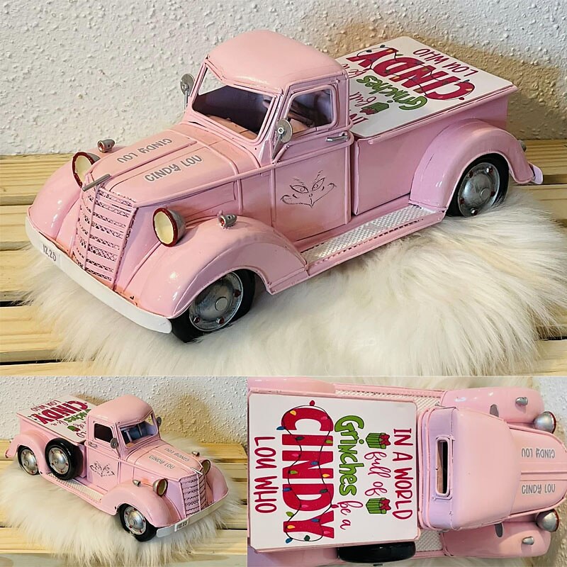 Christmas Vintage Pink Truck Decor, Farmhouse Pink Truck Decorations, Decorative Tabletop Storage, Pick-up Metal Truck Planter, Valentines Day & Christmas Gifts Xmas Gift
