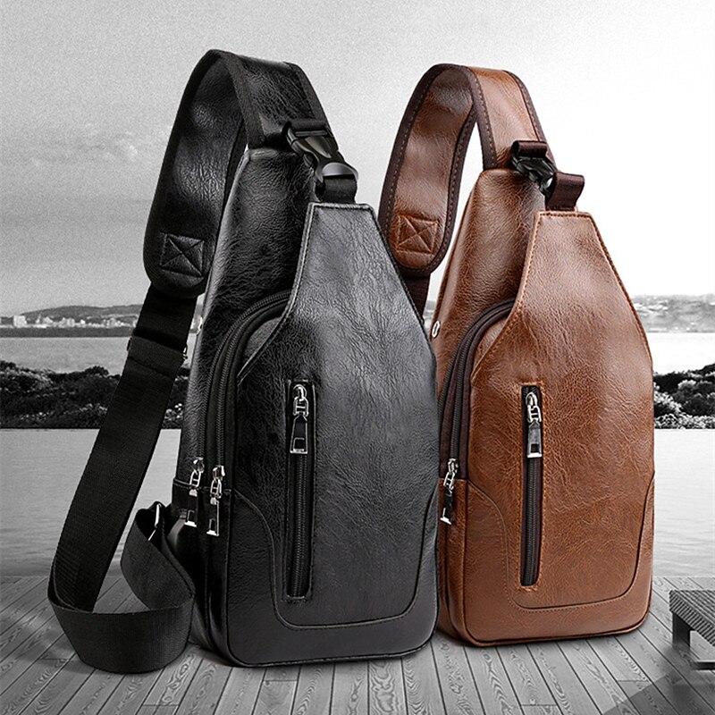 Men's Crossbody Bag Shoulder Bag Chest Bag Leather Outdoor Daily Holiday Zipper Large Capacity Waterproof Lightweight Solid Color Dark Brown Black Brown2