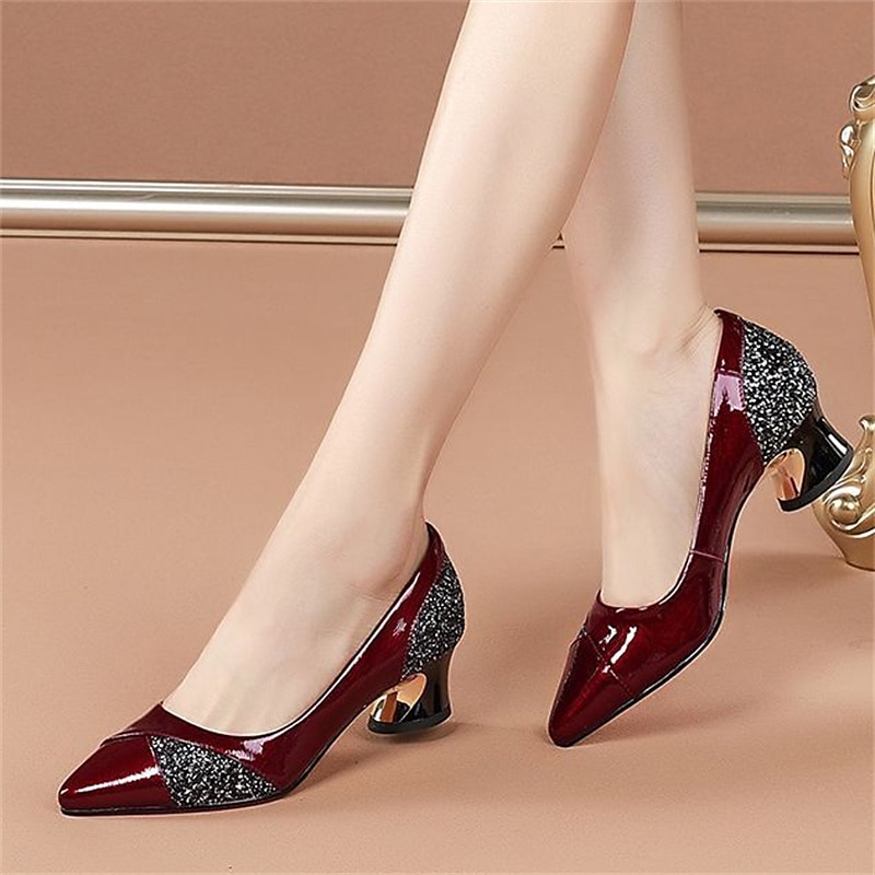 Women's Glitter-Accented Patent Faux Leather Block Heels – Elegant Pointed Toe Pumps for Formal Occasions3