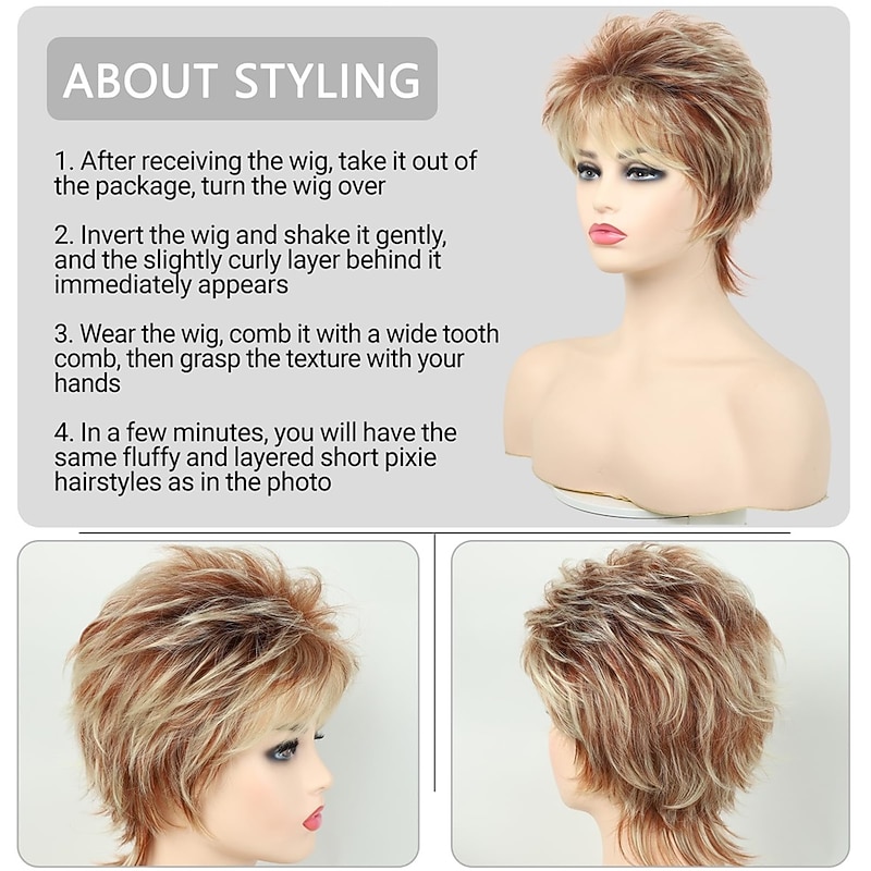 Short Mixed Blonde Pixie Cut Wigs for White Women Wavy Layered Blonde Mixed Auburn Shaggy Synthetic Hair Replacement Wig with Bangs4