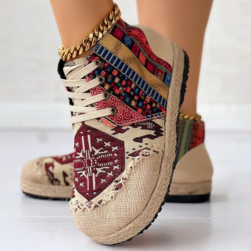 Women's Bohemian Lace-Up Sneakers – Ethnic Print Canvas Casual Shoes with Woven Sole, Lightweight & Comfortable Walking Shoes for Daily Wear & Travel
