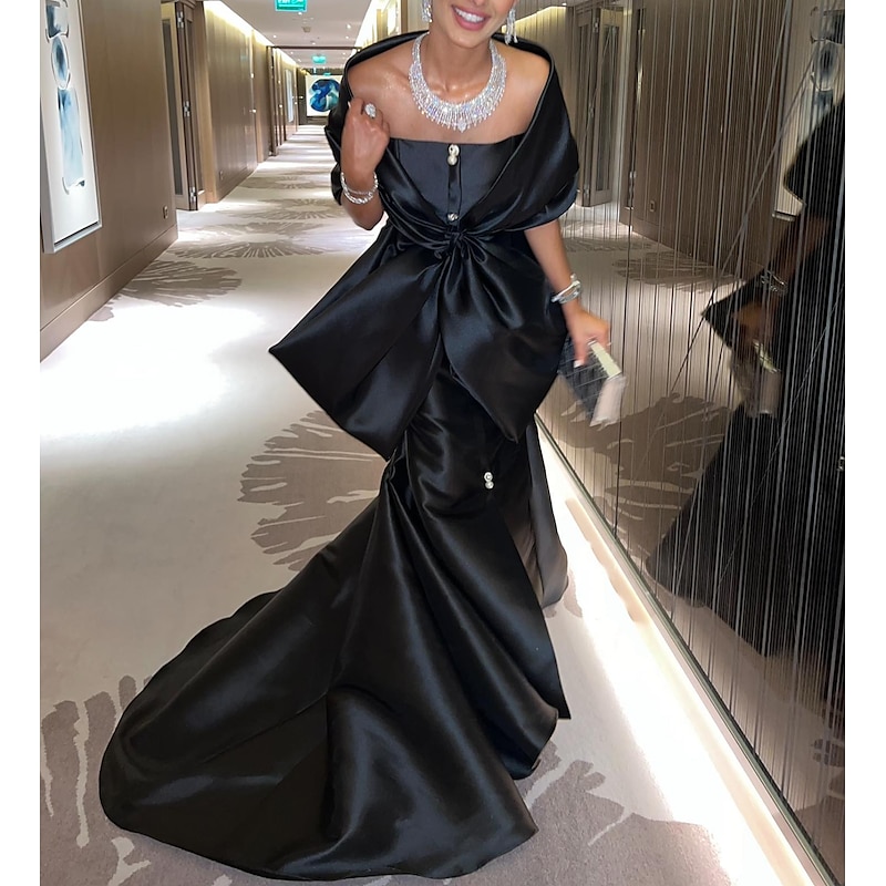 Mermaid Evening Gown Elegant Dress Formal Court Train Half Sleeve Off Shoulder Satin with Bow(s) Slit2