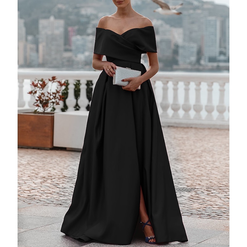 A-Line Evening Gown Elegant Dress Formal Wedding Court Train Sleeveless Off Shoulder Bridesmaid Dress Satin with Ruched Slit2