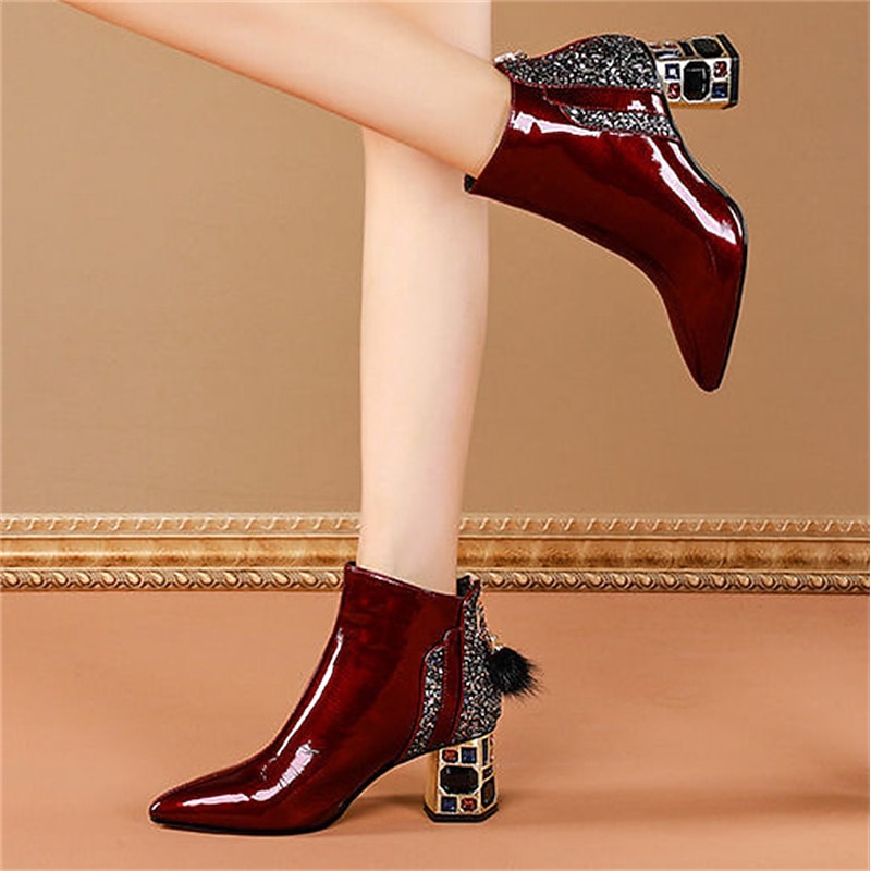 Women's Burgundy Patent Leather Ankle Boots with Glitter Flame Design and Block Heel - Statement High-Heel Boots for Parties and Special Occasions4