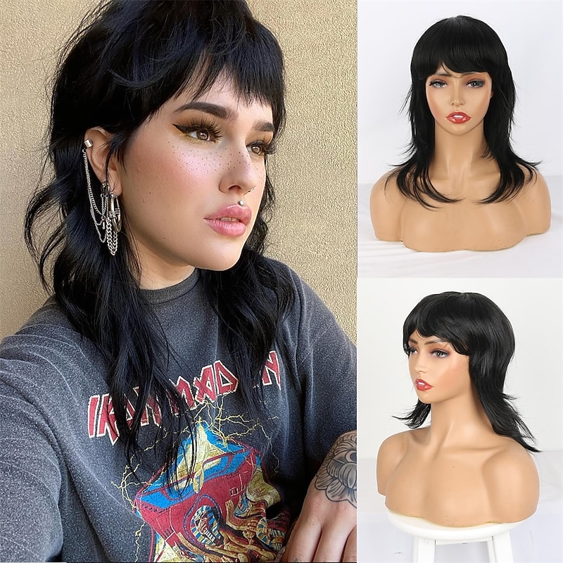 70s 80s Short Mullet Wig Pixie Cut Wig for Black Women Shaggy Layered Messy Black Wolf Haircut Wig With Bangs Straight Layered Wolf Cut for Women 14inch Daily Party Cosplay Use(Black) Halloween Wigs