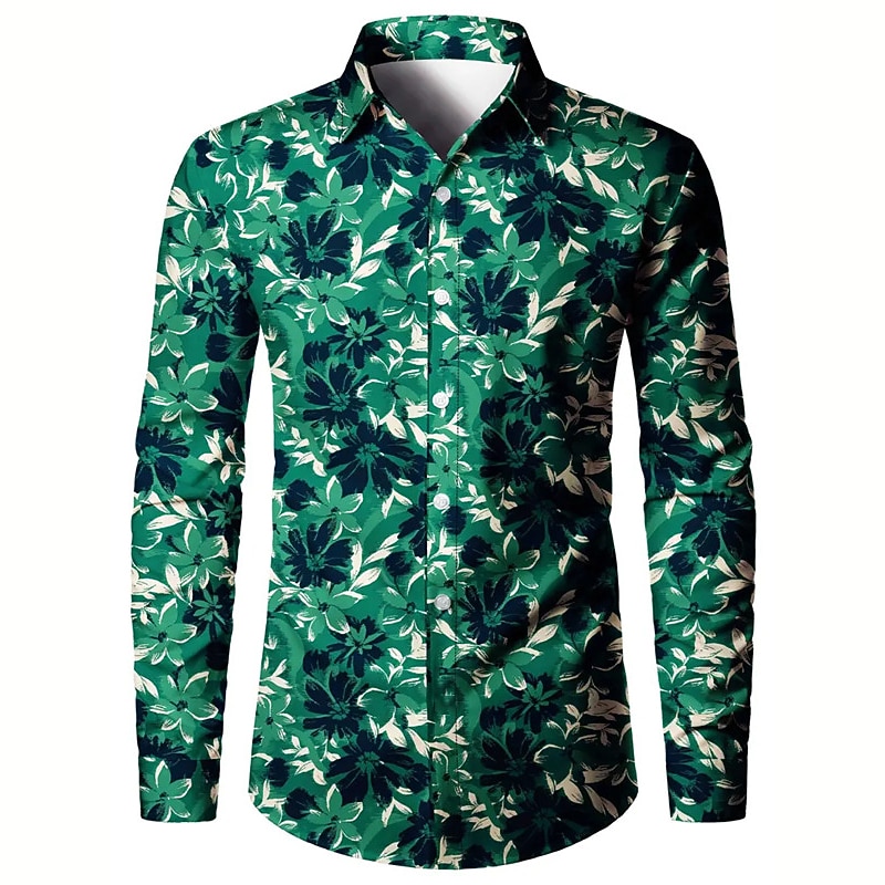 Men's Floral Shirt Button Up Shirt Long Sleeve Casual Daily Wear Going out Fall & Winter Turndown Print Button-Down Black Green4