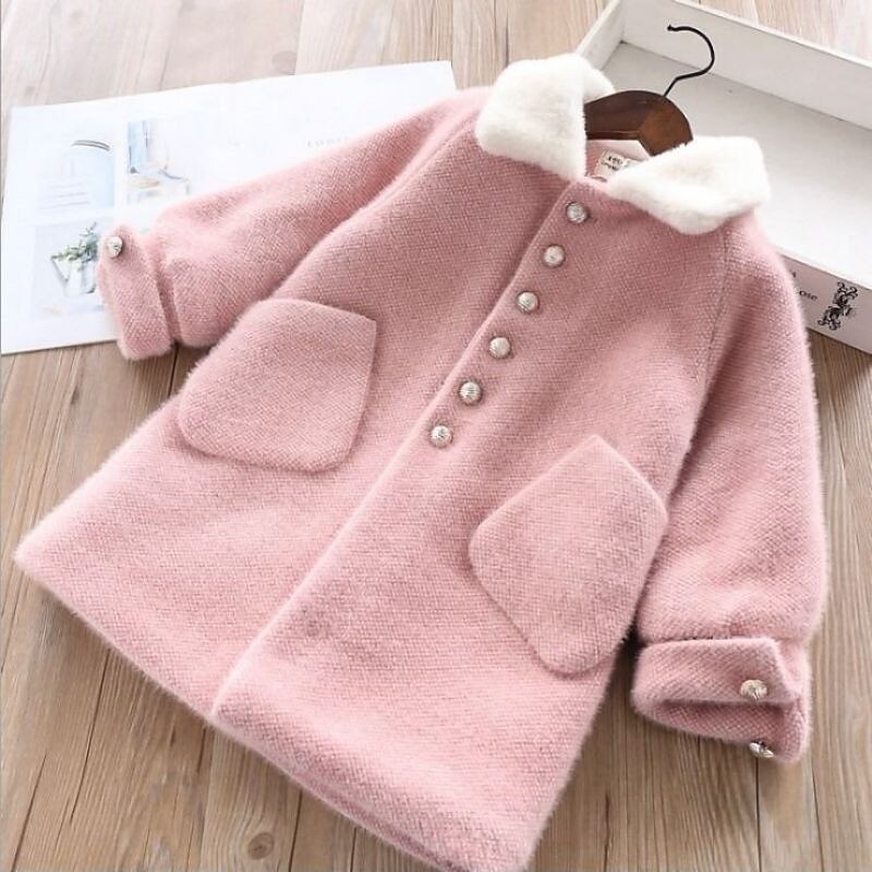 Kids Girls' Woolen Coat Long Sleeve White Yellow Pink Solid Color Button Spring Fall Active School 7-13 Years2