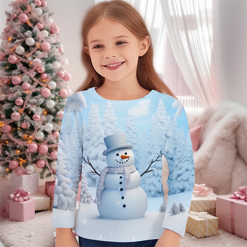 Girls' 3D Snowman Tee Shirt Pink Long Sleeve 3D Print Fall Winter Active Fashion Cute Polyester Kids 3-12 Years Crew Neck Outdoor Casual Daily Regular Fit2