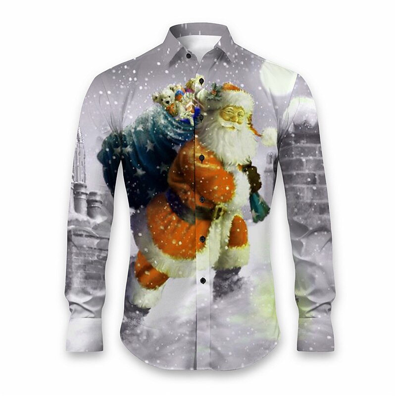 Christmas Men's Santa Claus Printed Shirts Santa Claus Casual Daily Wear Going out Fall & Winter Turndown Long Sleeve Yellow, Red, Blue S, M, L 4-Way Stretch Fabric Shirt2
