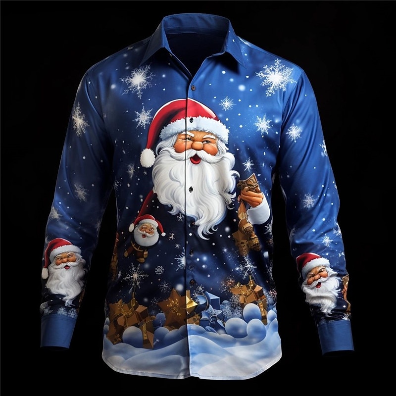Christmas Men's Santa Claus Printed Shirts Santa Claus Casual Daily Wear Going out Fall & Winter Turndown Long Sleeve Navy Blue, Royal Blue, Blue S, M, L 4-Way Stretch Fabric Shirt2