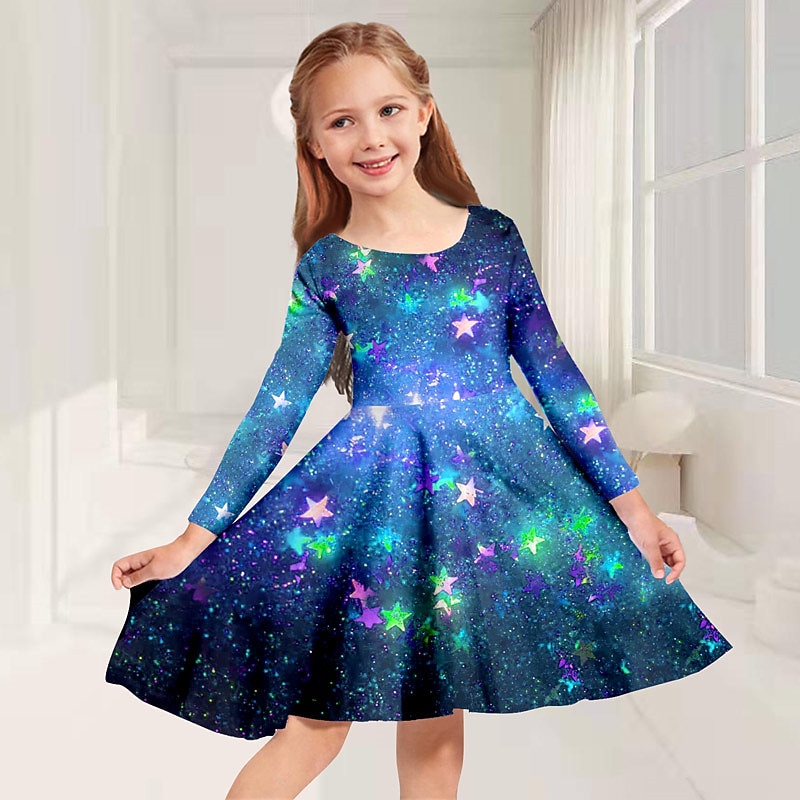 Girls' 3D Stars Dress Long Sleeve 3D Print Fall Winter Vacation Sports & Outdoor Daily Cute Casual Beautiful Kids 3-12 Years Casual Dress A Line Dress Above Knee Regular Fit