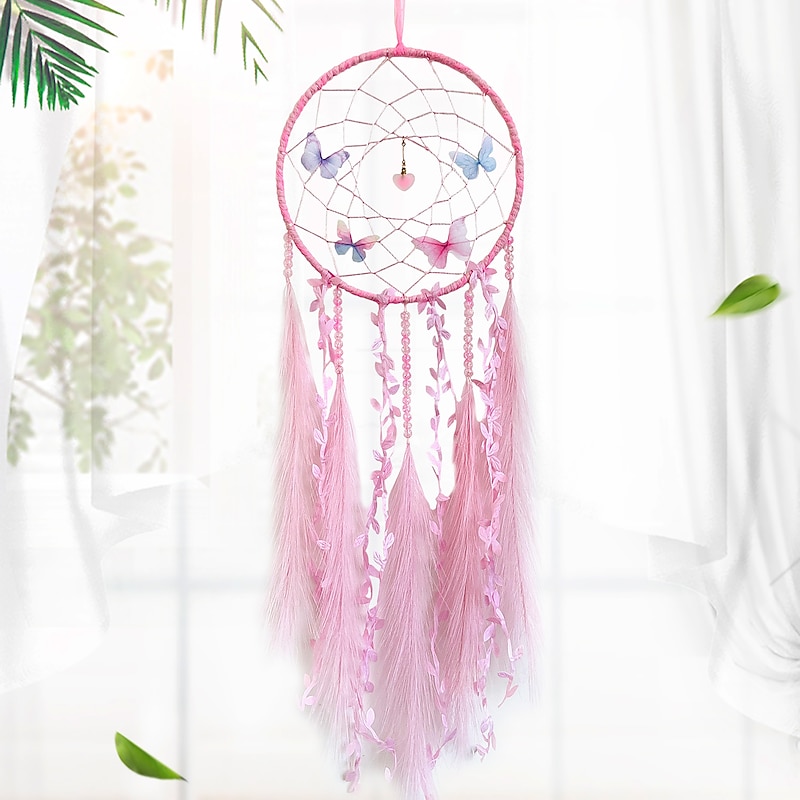 Butterfly Dream Catcher Handmade Gift Feather Hook Flower Wind Chime with One Circle Ornament Wall Hanging Decor Art Boho Style4