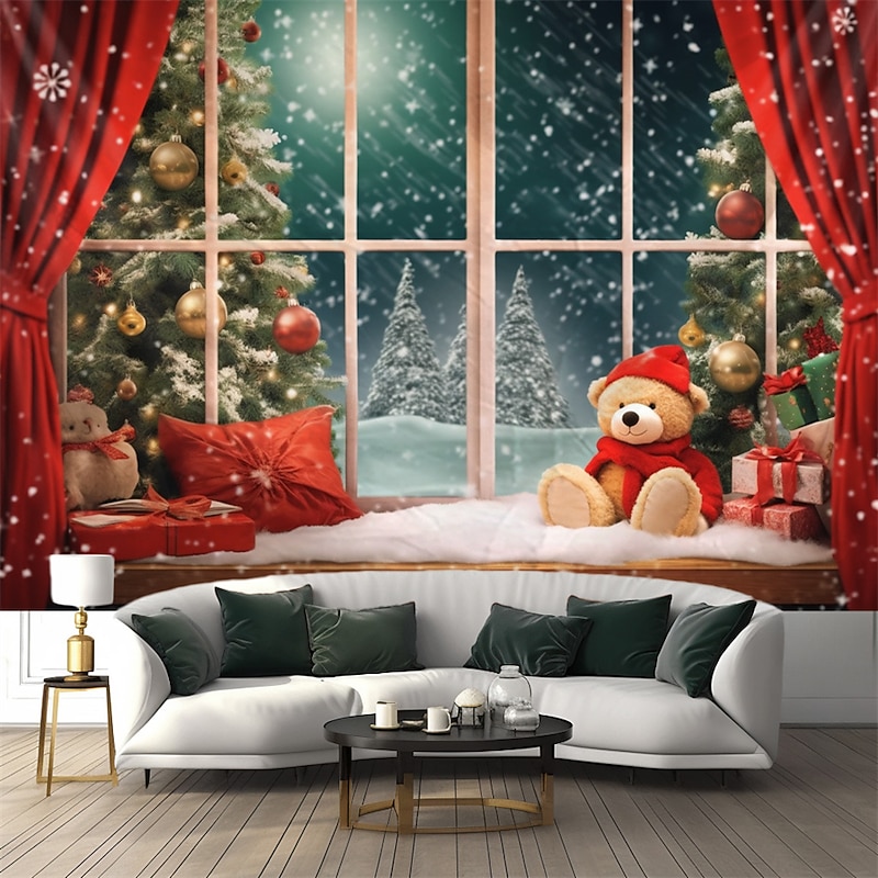 Christmas Decorations Christmas Tree Hanging Tapestry Wall Art Xmas Large Tapestry Mural Decor Photograph Backdrop Blanket Curtain Home Bedroom Living Room Bear Window View2