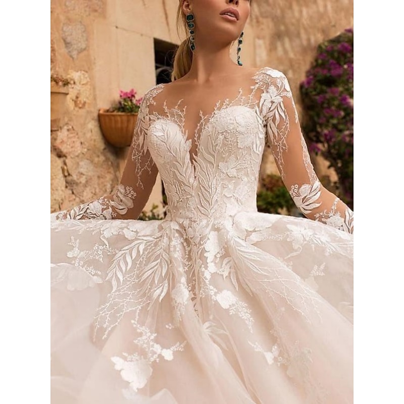 Beach Wedding Formal Wedding Dresses A-Line V Neck Long Sleeve Court Train Tulle Bridal Gowns With Pleats Appliques3