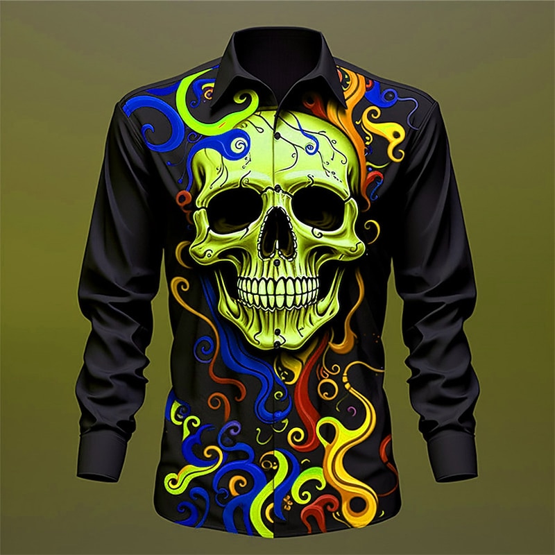 Skull Vintage Gothic Men's Shirt Outdoor Halloween Street Fall & Winter Turndown Long Sleeve Black Yellow Blue S M L Shirt2
