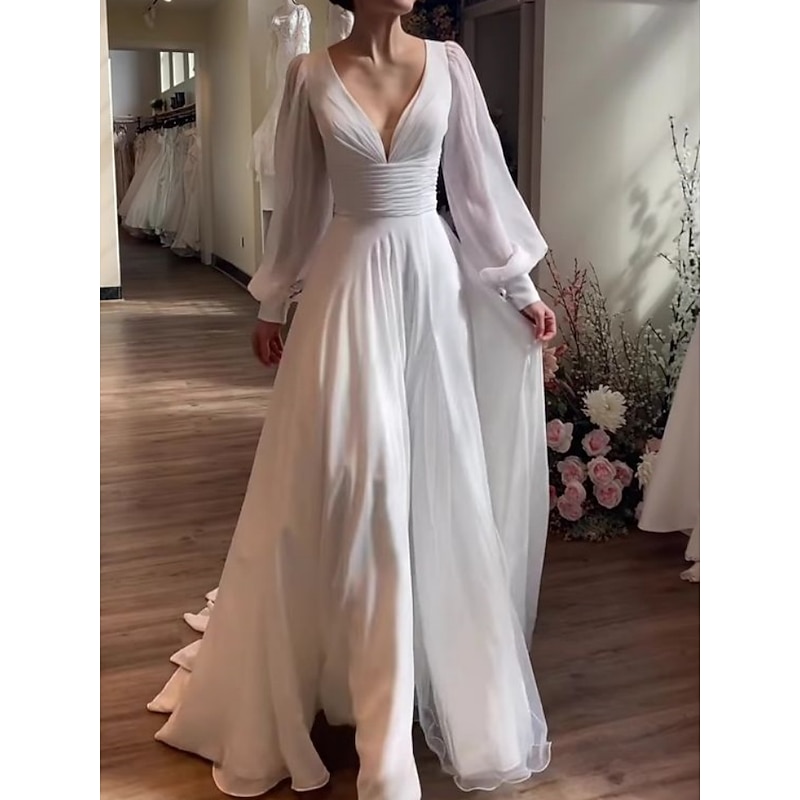 Simple Wedding Dresses Little White Dress Bridal Shower Dresses Wedding Dresses A-Line V Neck Long Sleeve Court Train Chiffon Bridal Gowns With Pleats Ruched