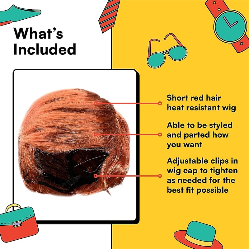 Watt's Wigs - Chill Guy Al Wig - Movie Quality Short Synthetic Layered Red Doll Costume Hair for Men with Adjustable Halloween Wigs3