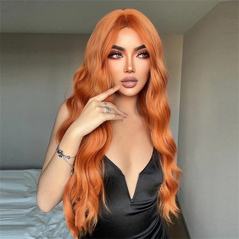 Synthetic Wig Curly Middle Part Wig Long A1 A2 Orange Synthetic Hair Women's Fashionable Design Soft Natural Orange Ombre Dark Gray2