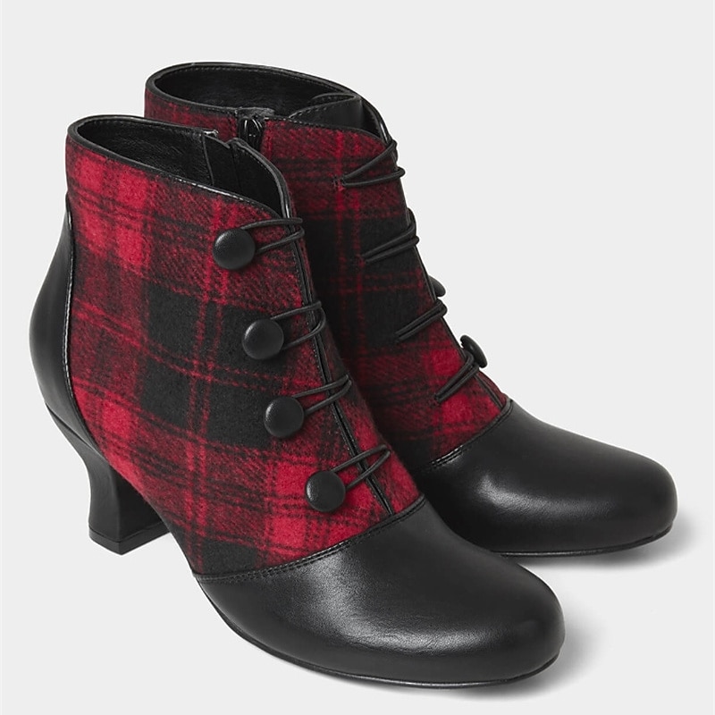 Women's Victorian Plaid Button Ankle Boots – Retro Heeled Booties with Side Zipper for Christmas Party and Holiday Gatherings3