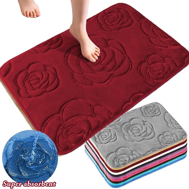 1pc Bath Rugs, Rose Flower Patterned Bathroom Bath Mat Flannel Non-slip Carpet Bathtub Floor Rug Shower Room Doormat Memory Foam Mat Washable Carpet