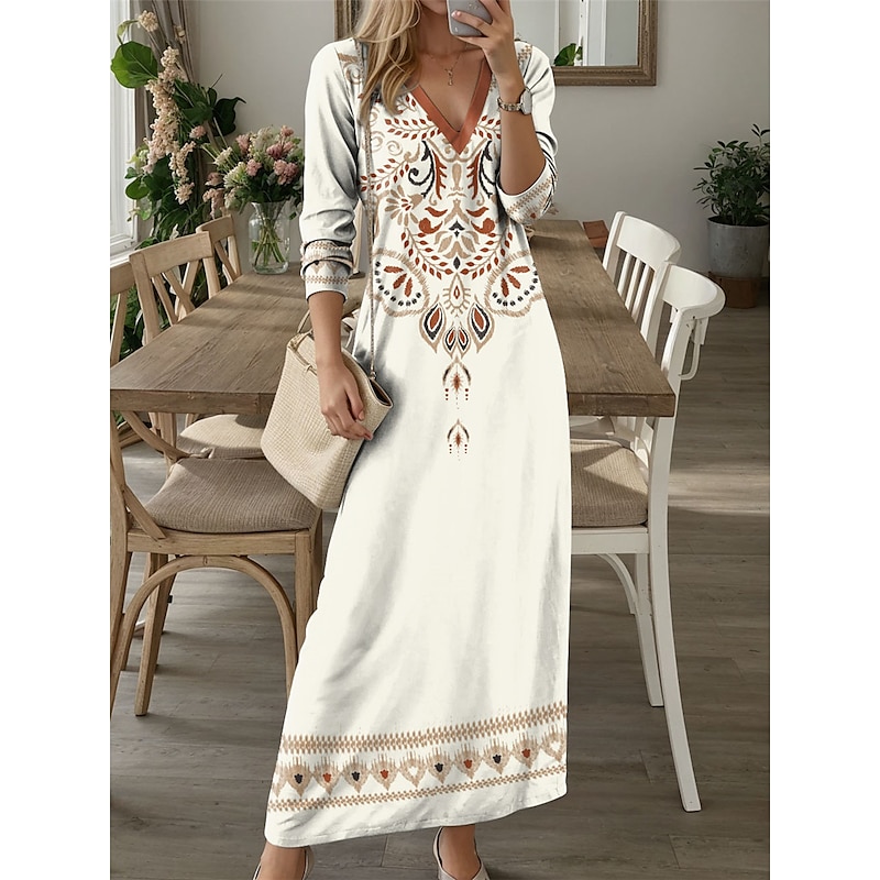Women's Maxi Dress Casual Dress T Shirt Dress Tee Dress Floral Tribal Pocket Print V Neck Long Dress Maxi Dress Vintage Ethnic Date Vacation Long Sleeve Fall Winter