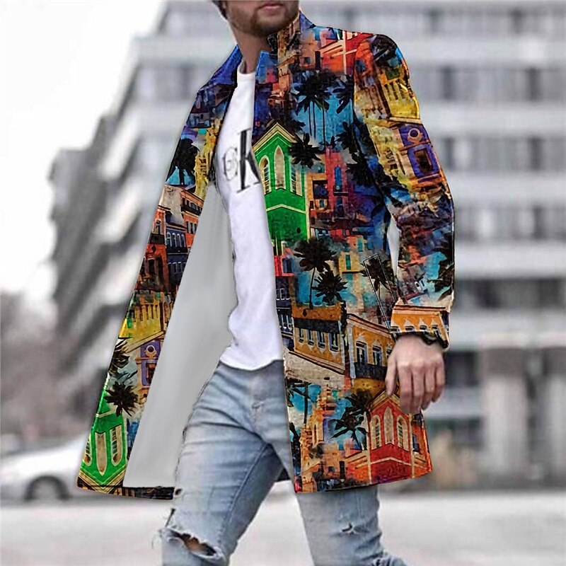 Men's Coconut Tree Building Winter Coat Overcoat Coat Warm Comfortable Breathable Fashion Streetwear Hawaiian Work Going out Beach Pocket Print Fall & Winter Turndown Long Sleeve Yellow Blue Purple
