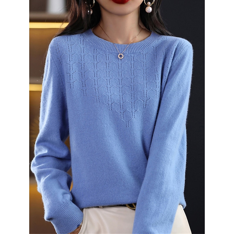 Women's Pullover Sweater Jumper Fashion Streetwear Casual Solid Color Ribbed Crew Neck Knitted Long Sleeve Regular Tops Knit Outdoor Home Daily Cherry Red Shrimp Pink Fall Winter