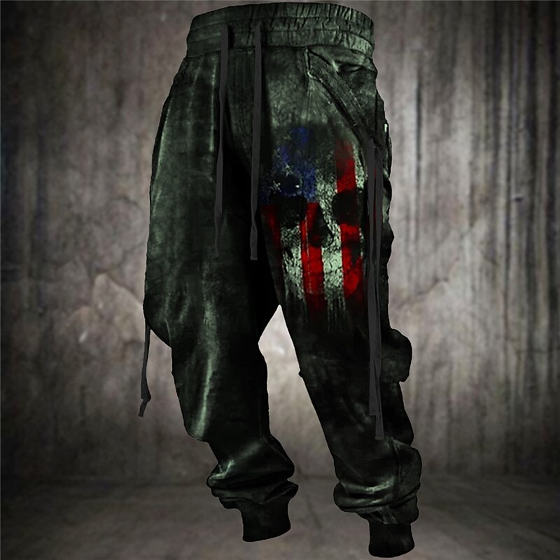 Skull American Flag Punk Gothic Men's 3D Print Sweatpants Joggers Pants Trousers Outdoor Street Casual Daily Polyester Blue Brown Green S M L Mid Waist Elasticity Pants3