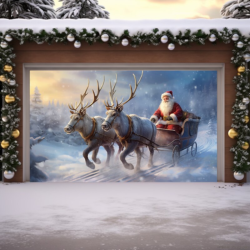 Christmas Door Decorations Outdoor Garage Door Cover Reindeers Santa Sled Xmas Door Banner Party Large Door Mural Backdrop Decoration forHoliday Home Wall Decorations3