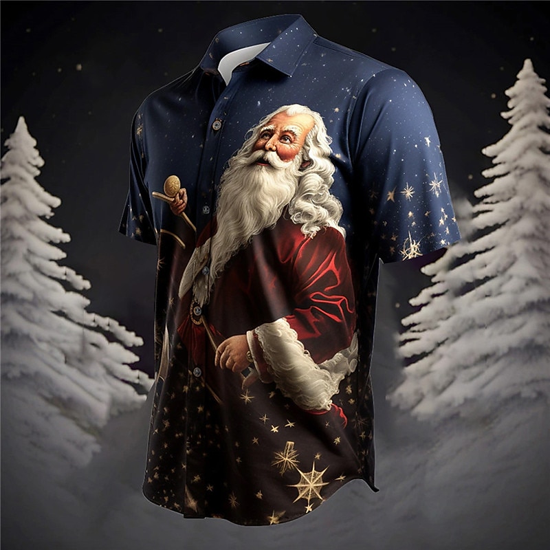 Christmas Men's Santa Claus Printed Shirts Santa Claus Casual Daily Wear Going out Weekend Autumn / Fall Turndown Short Sleeves Burgundy, Dark Navy, Navy Blue S, M, L 4-Way Stretch Fabric Christmas3
