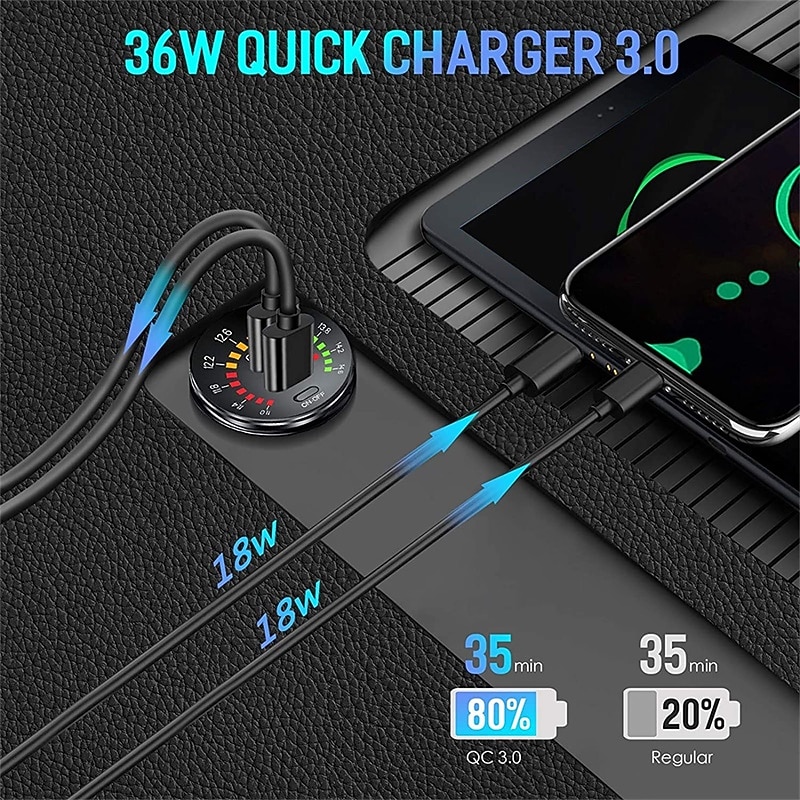 36W Dual USB QC3.0 Car Charger 12V USB Outlet Quick Charging Power Socket with Colorful Digital Voltmeter & ON/Off Switch & 10A Built-in Fuse for Vehicles Motorcycles Marine Boat ATV Bus Truck4