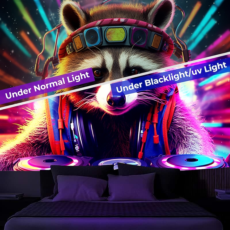 Blacklight Tapestry UV Reactive Glow in the Dark Glow Party Neon Trippy Misty DJ Raccoon Animal Hanging Tapestry Wall Art Mural for Living Room Bedroom2