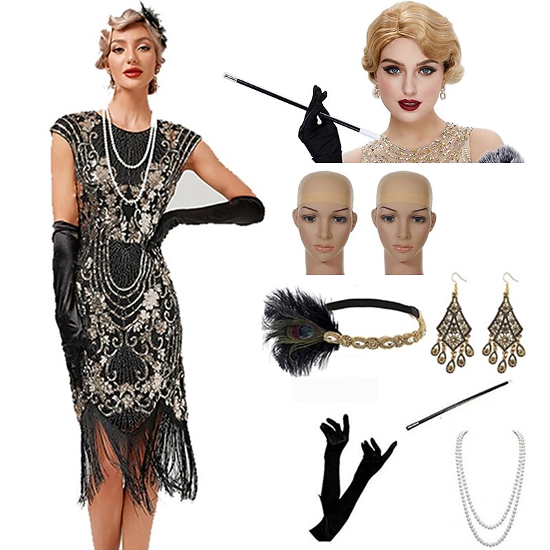 Set with Flapper Dress Finger Wave Wig Headband Gloves Necklace Earrings Cigarette Holder Wig Caps Women's Roaring 20s 1920s Cocktail Masquerade Outfits Gatsby Christmas Attire Party Dress2