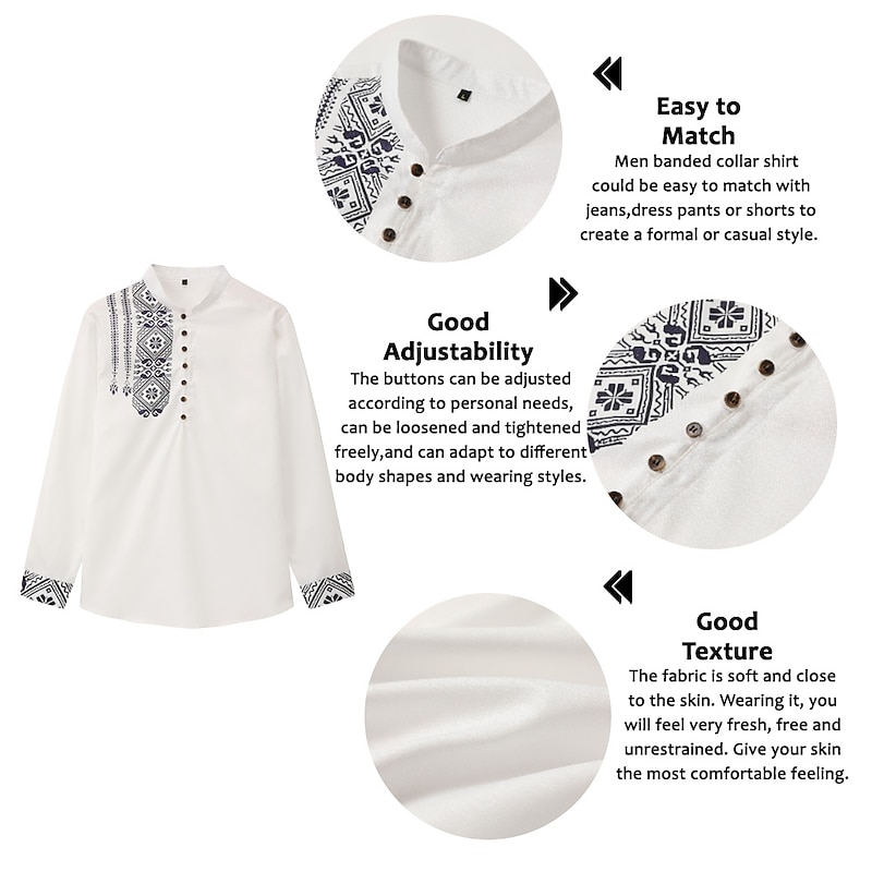 Men's Ethnic Shirt Button Up Shirt Long Sleeve Fashion Streetwear Designer Outdoor Street Daily Summer Spring Fall Stand Collar Print White Pink Blue Green Gray2