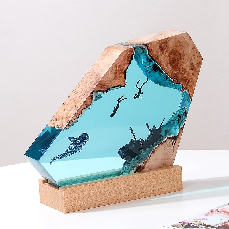 Shark Whale Ocean Art Ornament Gift Solid Wood Resin Night Light for Office Desktop Christmas Gift3