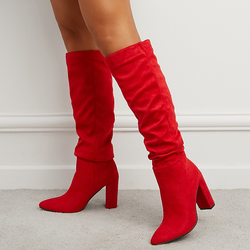 Women's Red Suede Slouch Knee High Boots – Pointed Toe Chunky Heel Long Boots for Party, Christmas, and Night Out Outfits