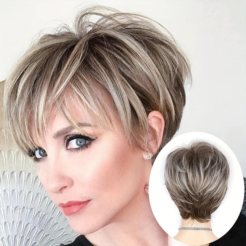 Brown Mixed Blonde Short Layered Nature Curly Hair Wigs With Bangs Synthetic Heat Resistant Weave Full Wigs For Women 6 Inch