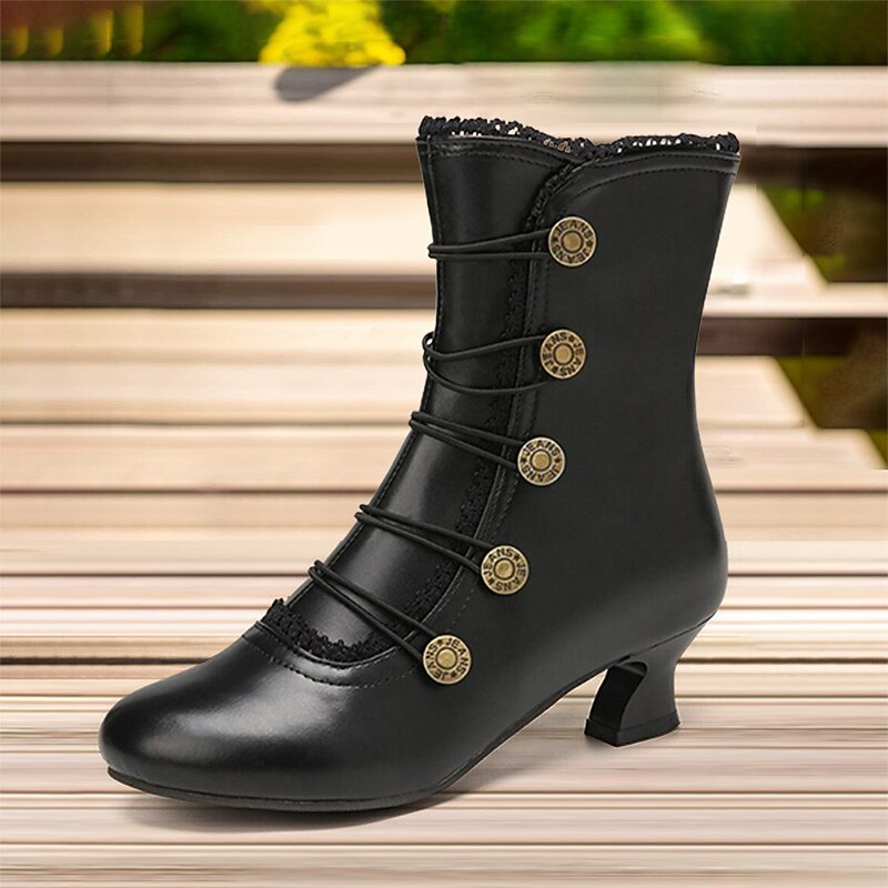 Women's Vintage Button-Embellished Ankle Boots – Retro Leather Short Heeled Boots for Cosplay, Parties, and Daily Wear4