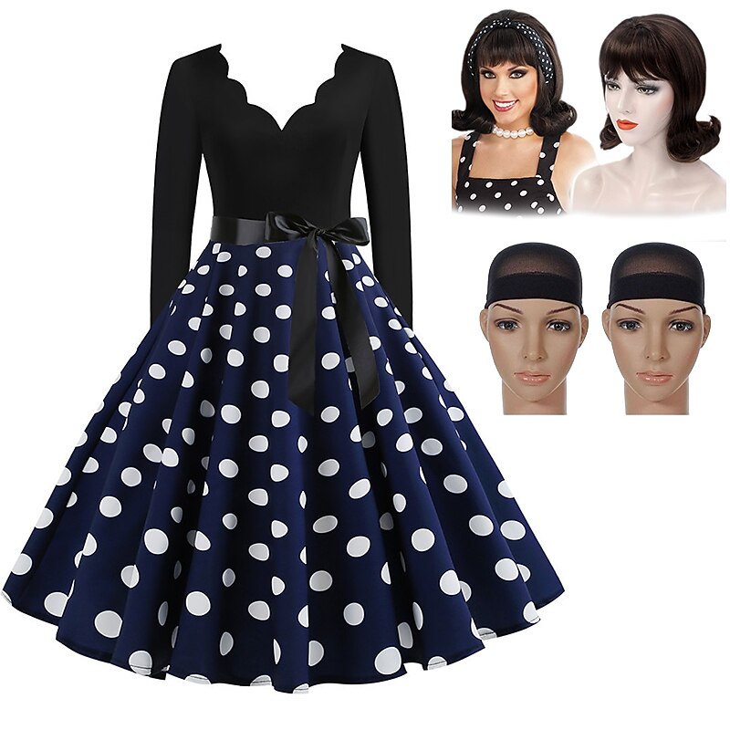 Set with Polka Dots Vintage Dress Beehive Curl Hair Wig 2* Wig Caps 4 PCS 1950s Retro Vintage Tea Dress A-Line Dress Rockabilly Flare Dress Women's Costume Christmas Homecoming2