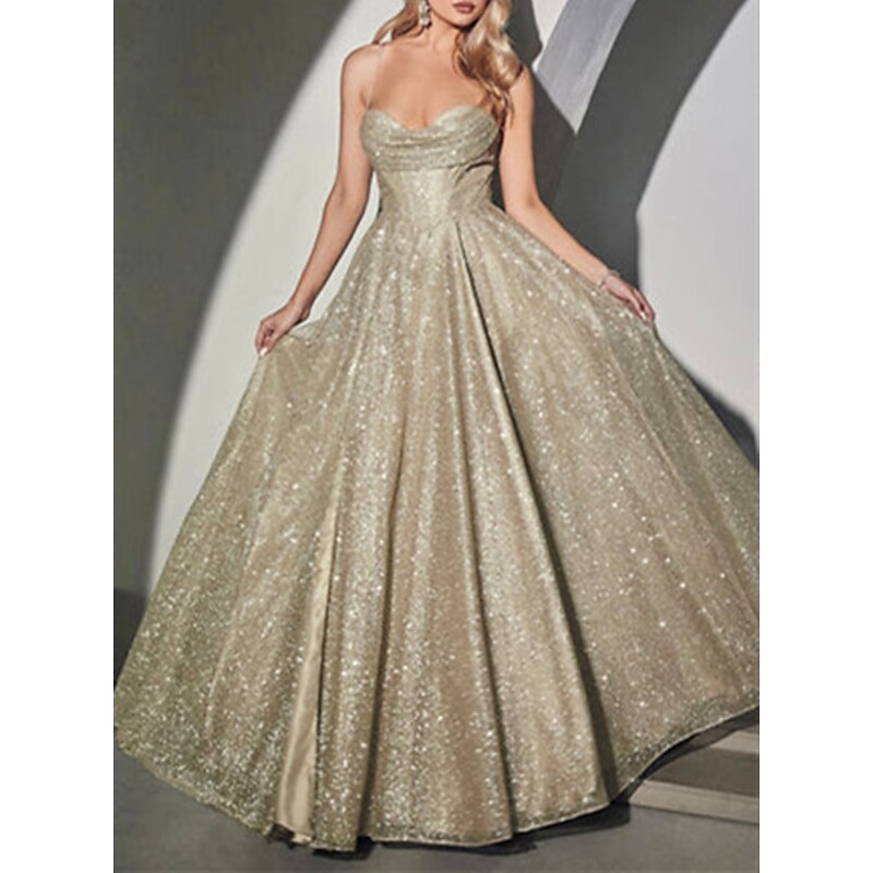 A-Line Gold Prom Dresses Glittering Dress Formal Evening Party Sweep / Brush Train Sleeveless Cowl Neck Tulle with Glitter Slit3