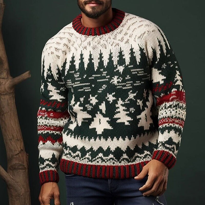 Christmas Tree Geometry Casual Men's Print Knitting Pullover Sweater Jumper Knitwear Outdoor Daily Vacation Long Sleeve Crewneck Sweaters Wine White Dark Navy Fall Winter S M L Sweaters4
