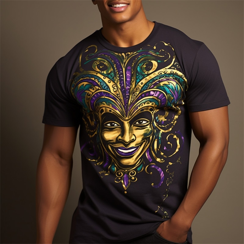 Carnival Graphic Mask Mardi Gras Daily Designer Retro Vintage Men's 3D Print T shirt Tee Sports Outdoor Holiday Going out T shirt Deep Purple Black Purple Short Sleeve Crew Neck Shirt Spring &